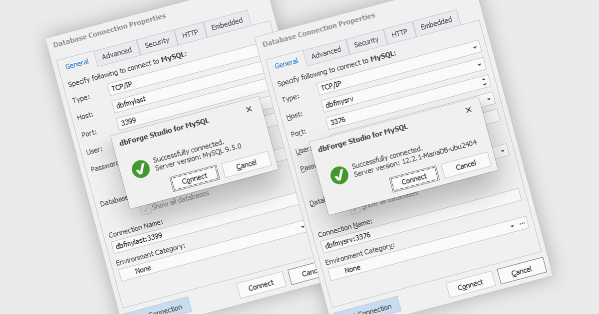 MySQL 9.5とMariaDB 12.2でdbForgeを使用