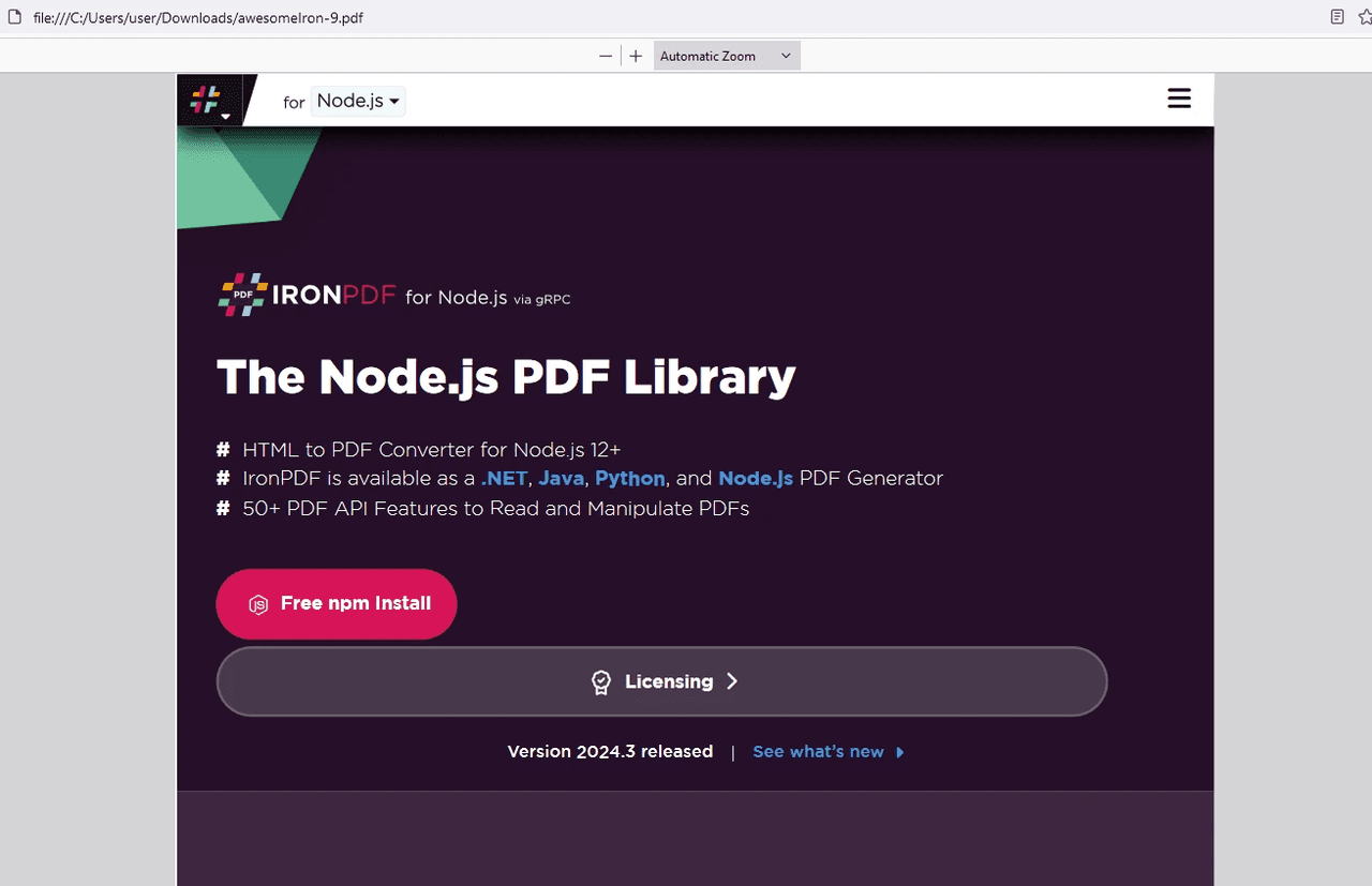 IronPDF for Node.js（英語版） 商品画像