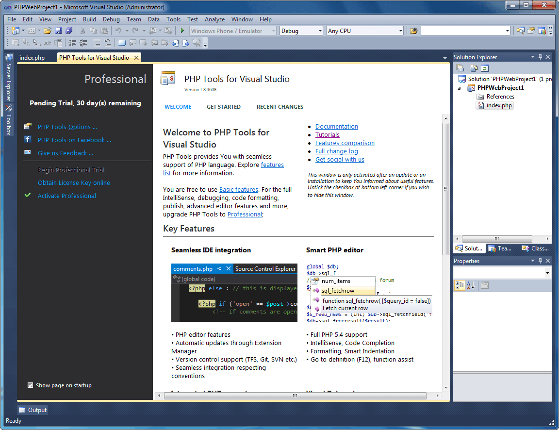 PHP Tools for Visual Studio がリリースされました