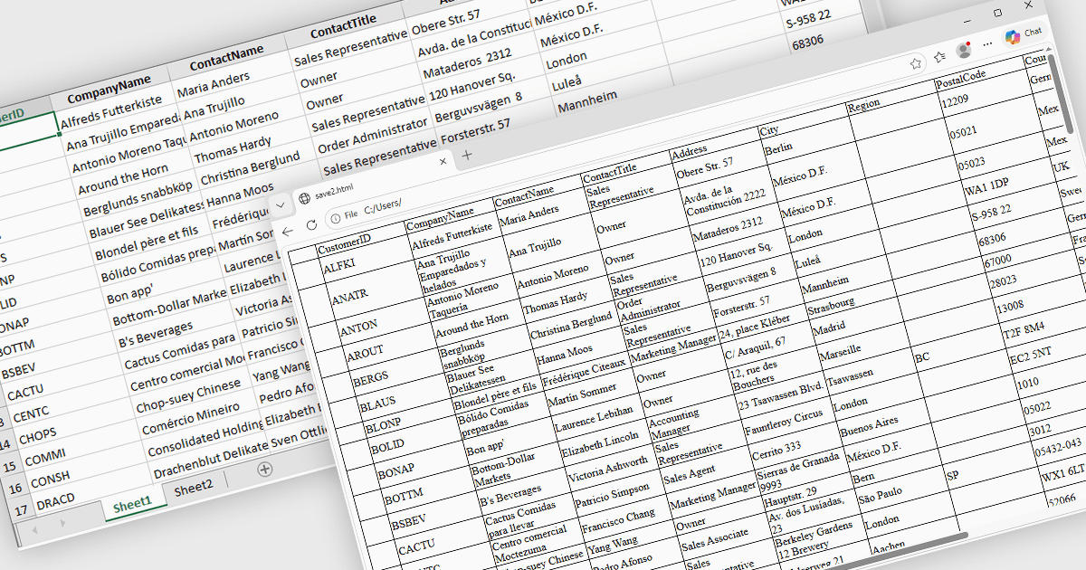 WinForms スプレッドシートを HTML にエクスポート