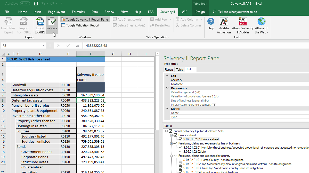 Altova EIOPA (Solvency II) XBRL add-in for Excel（英語版） 商品画像